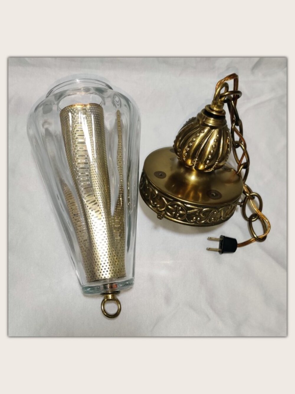 Vintage MCM Swag Lamp w/ Light Diffuser Clear Glass & Brass Tone Metal - Plug-In - Picture 5 of 12
